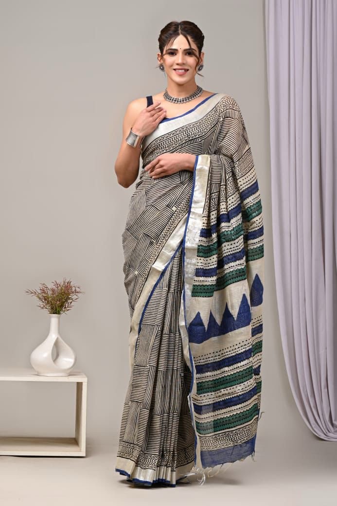 Hand Block Printed Linen Saree with Blouse